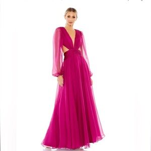 Ieena for Mac Duggal Ruched Cut out Puff Sleave A Line Gown